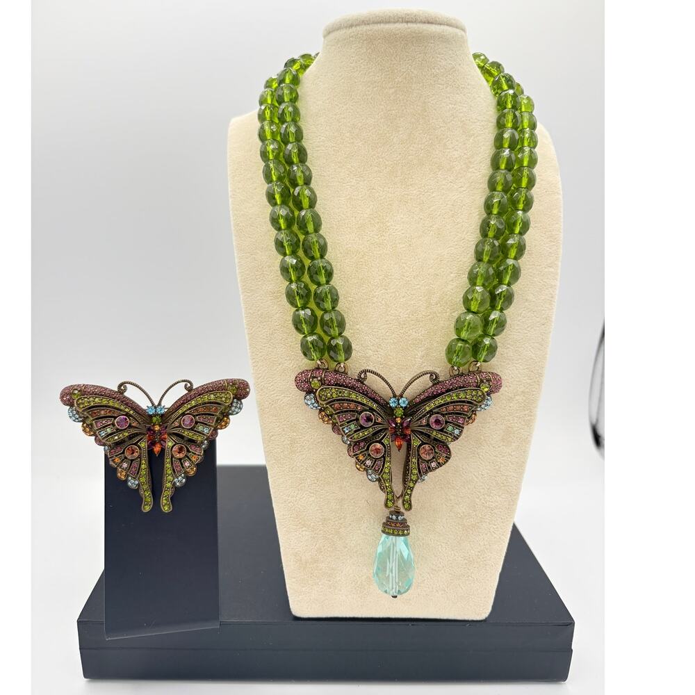 Heidi Daus Butterfly Necklace & Brooch Set Green Beads Multicolor Crystal